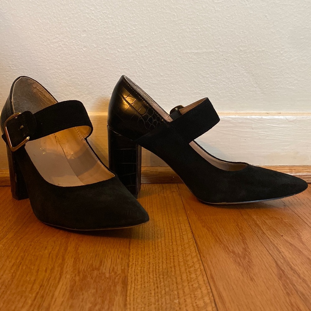 Tommy Hilfiger black suede, Mary Jane-style closed-toed 3.25” heels.